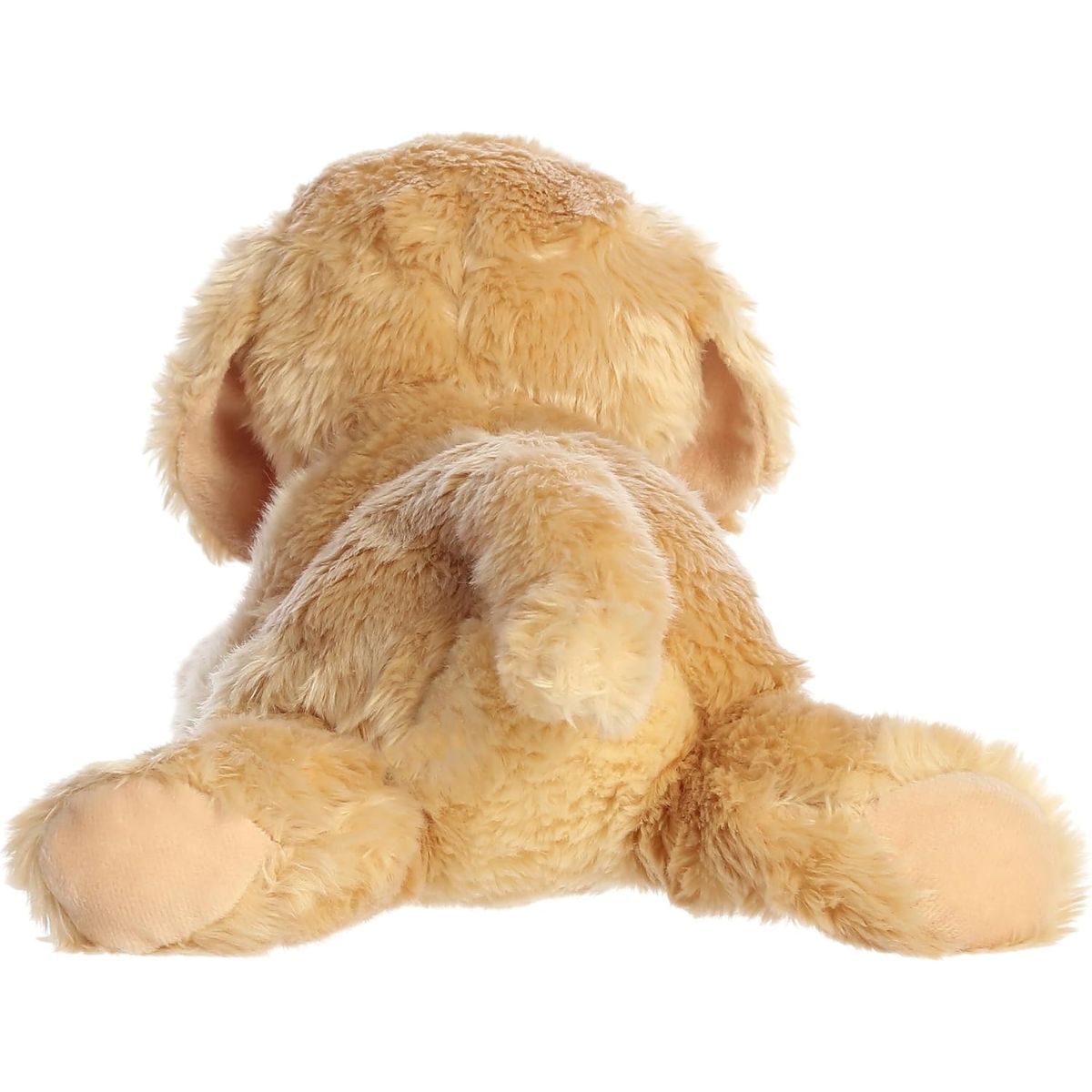 Direct back view of the dog plush highlighting her golden tail and the bottoms of her hind paws.