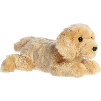 Angled front view of the 12-inch Aurora Flopsie Goldie Golden Retriever stuffed animal lying down, showing her soft golden fur.