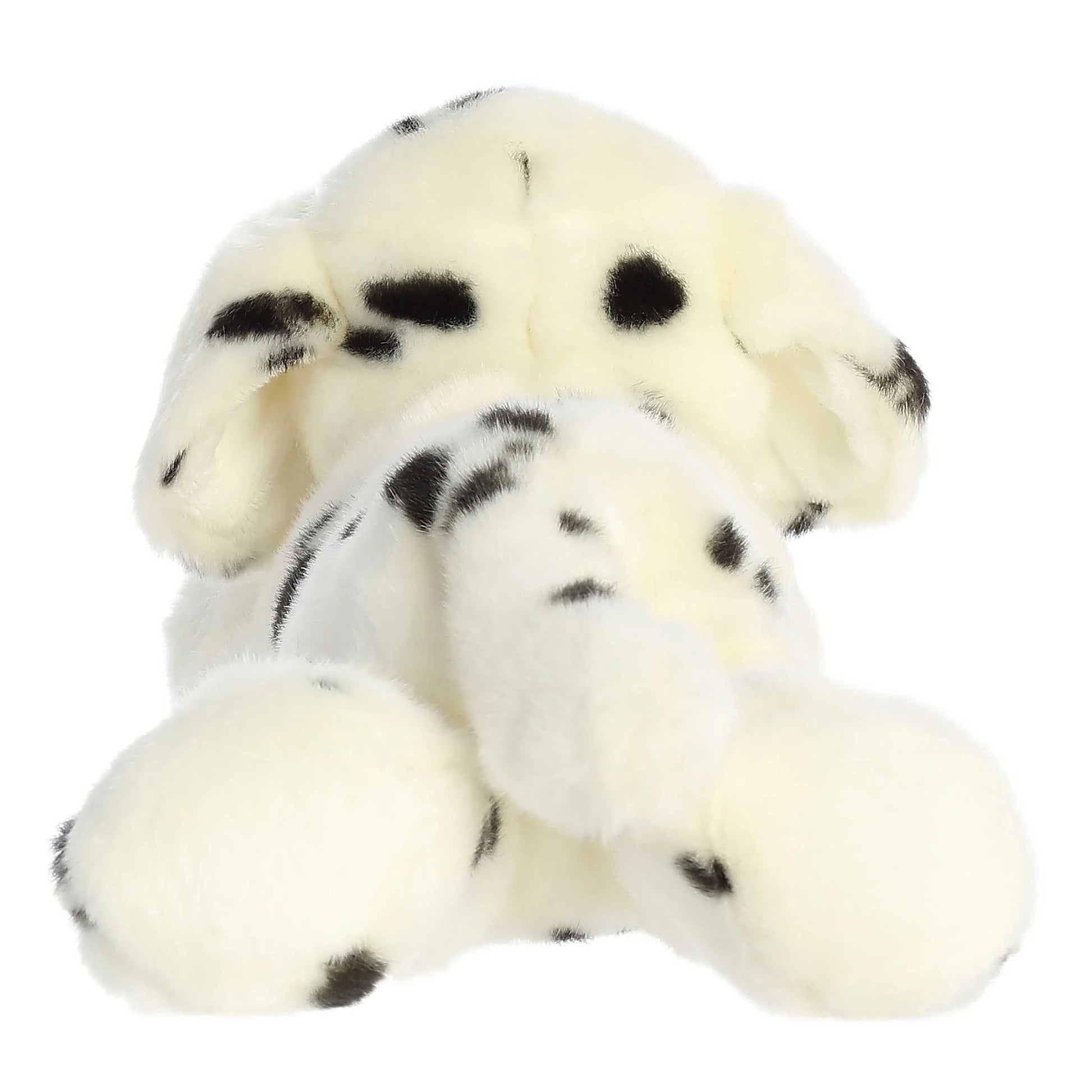 Direct back view of the dog plush highlighting his spotted back and tail.