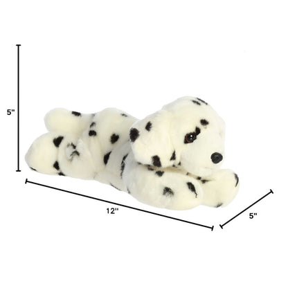 Angled side profile of the Domino Dalmatian plush resting on his tummy with measurement graphics indicating he is 12 inches long.