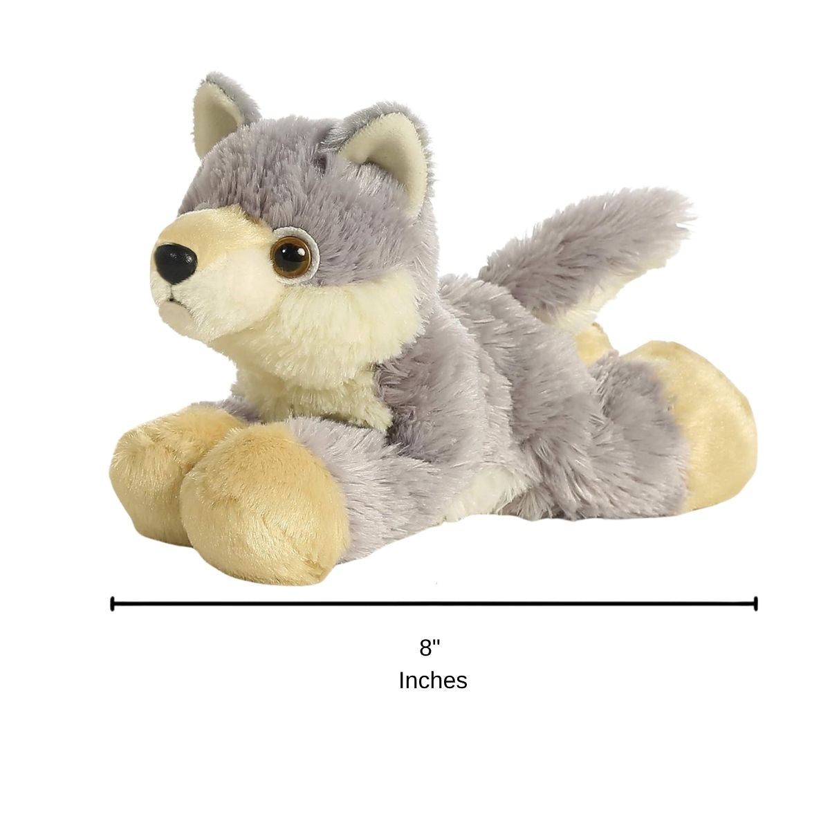 Full side profile of the Woolsey Wolf plush with a dimension line indicating its 8-inch length.