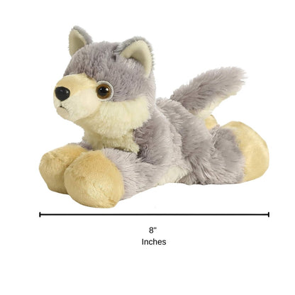 Full side profile of the Woolsey Wolf plush with a dimension line indicating its 8-inch length.