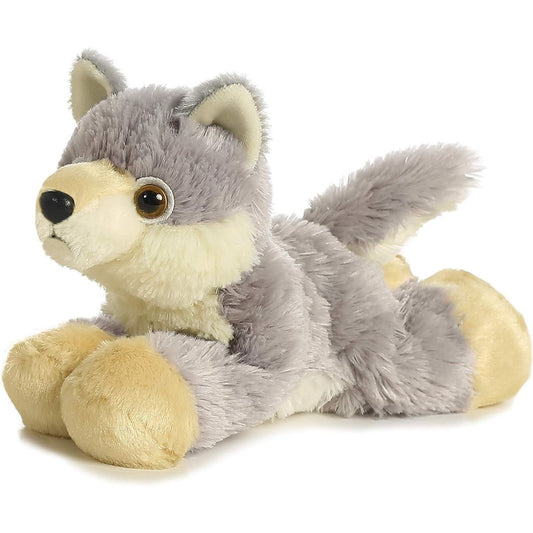 Angled front view of the Aurora Mini Flopsie Woolsey the Wolf 8-inch plush resting on its belly, featuring soft grey and cream fur.