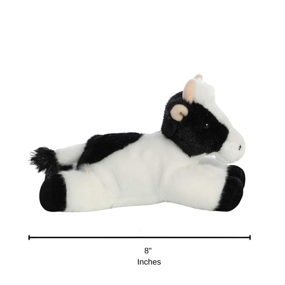 Full side profile of the resting black and white Holstein cow plush with a dimension line indicating its 8-inch length.