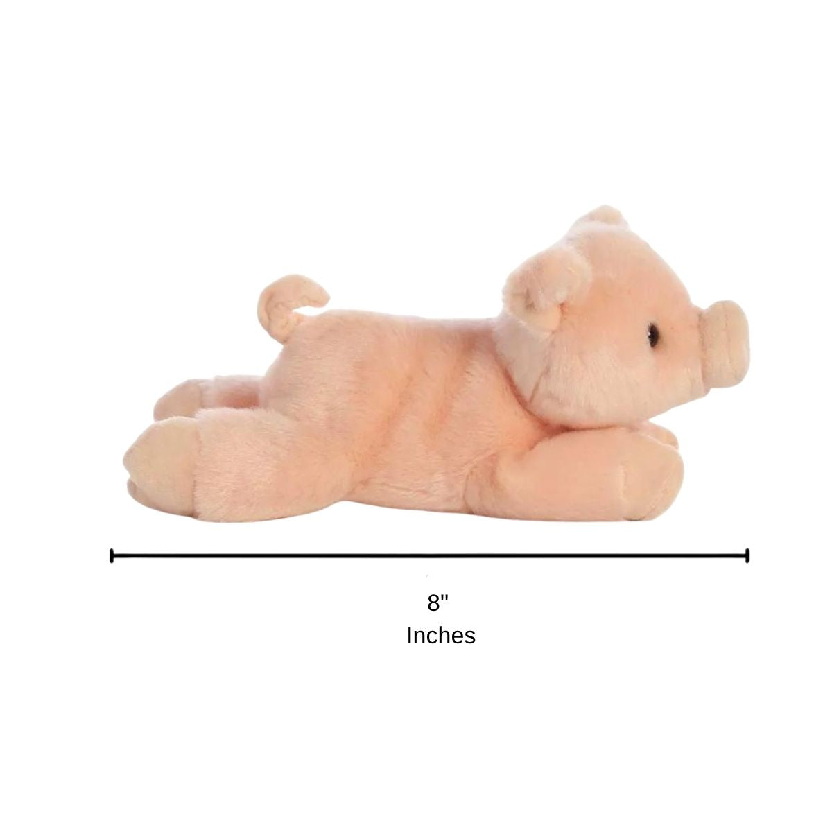 Sizing graphic for the Aurora Mini Flopsie Percy Pig plush indicating a total length of 8 inches.