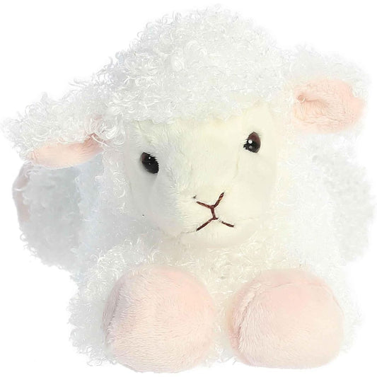 Straight front view of the white lamb plush showing its sweet face, floppy pink-lined ears, and resting pink hooves.