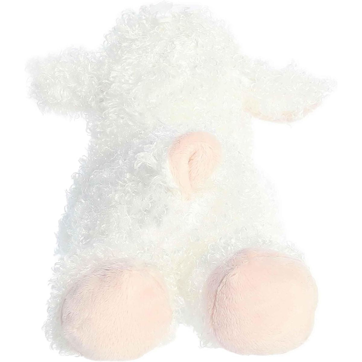 Back view of the Aurora Lana the Lamb plush showcasing its soft, curly white fur, little tail, and floppy legs.