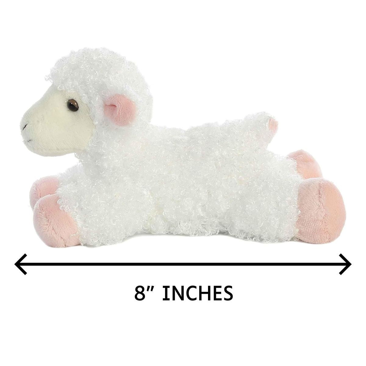 Side profile view of the Mini Flopsie Lana the Lamb plush laying down alongside a measurement line to demonstrate its 8-inch length.