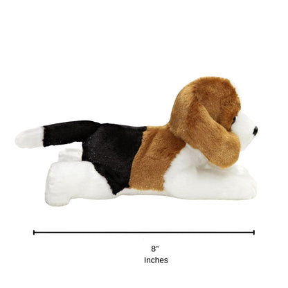 Side profile view of the Homer Beagle plush resting on its tummy with a measurement graphic indicating it is 8 inches long.