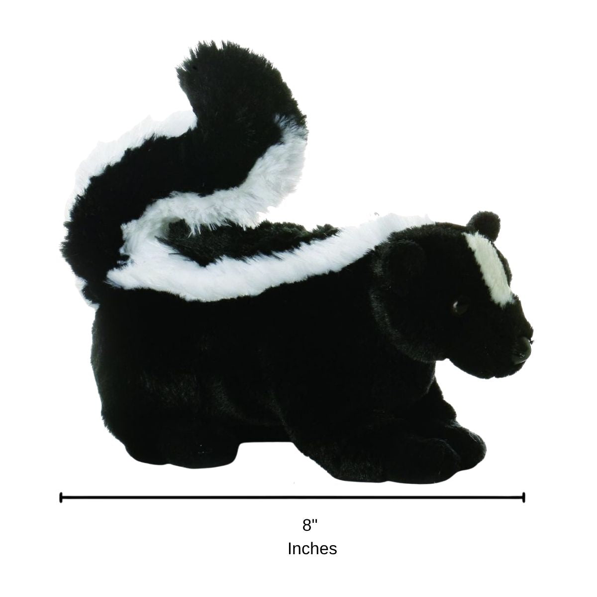 Full side profile view of the resting black and white skunk plush with a dimension line indicating its 8-inch length.