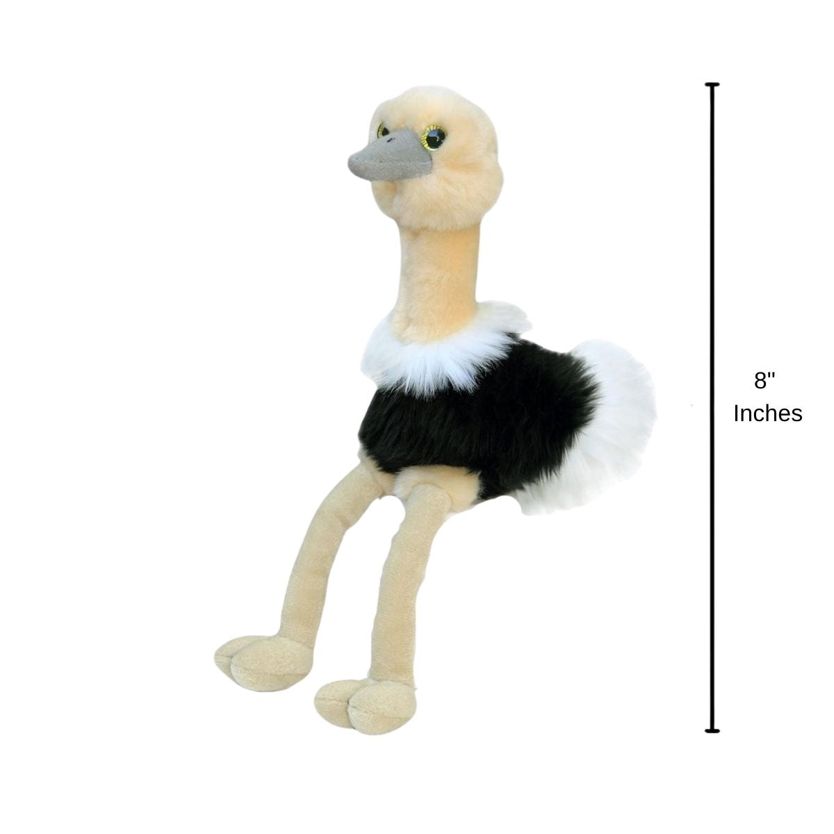 Full side profile view of the sitting black and white ostrich plush with a dimension line indicating its 8-inch height.
