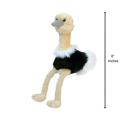 Full side profile view of the sitting black and white ostrich plush with a dimension line indicating its 8-inch height.