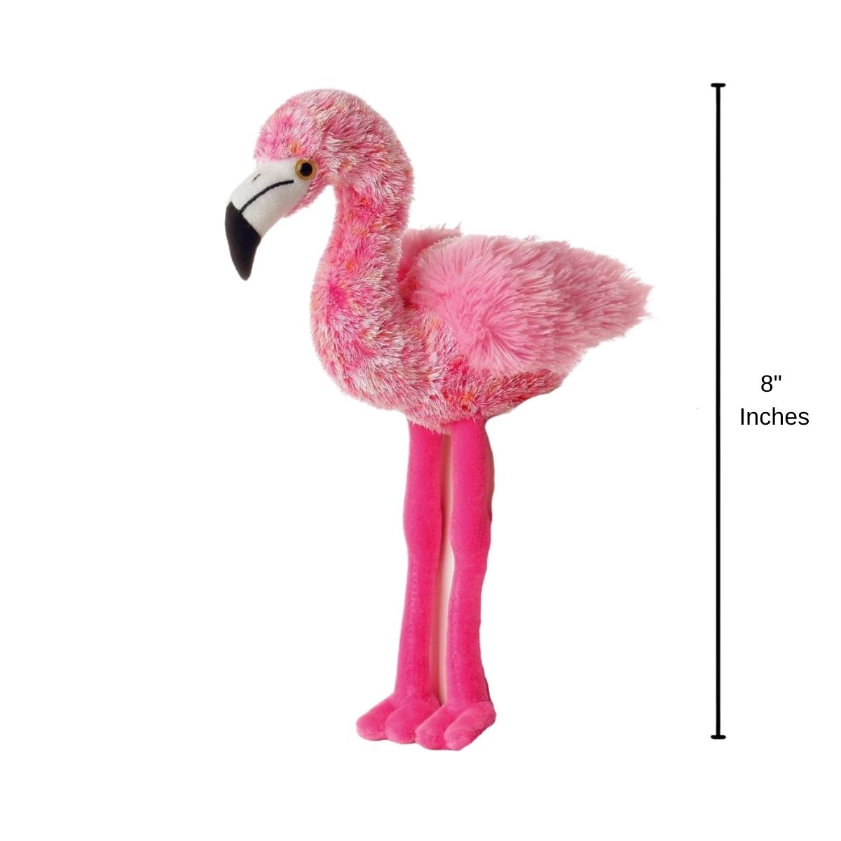 Full view of the Flavia Flamingo plush with a dimension line indicating its 8-inch height.