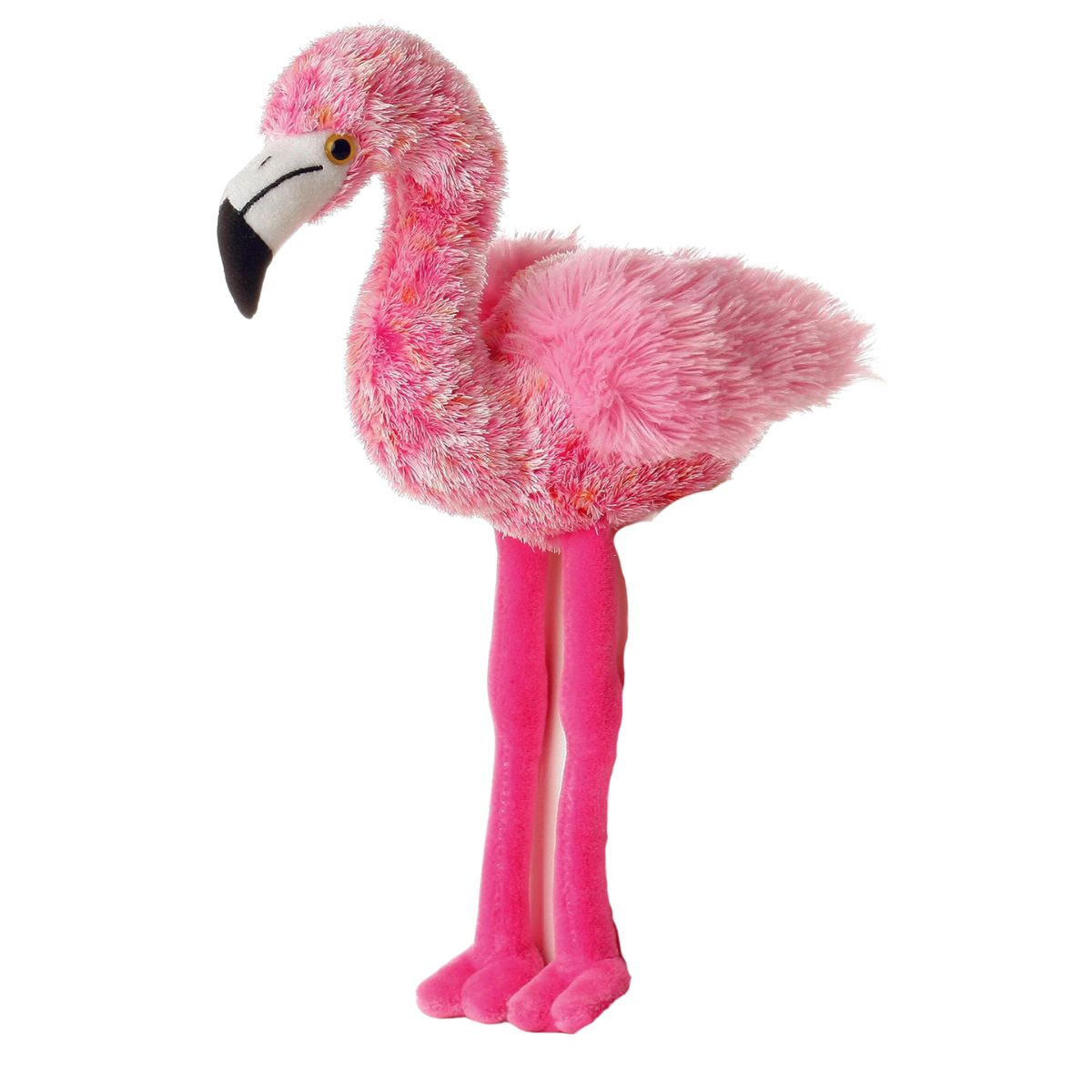 Angled side view of the 8-inch Aurora Mini Flopsie Flavia the Flamingo plush standing on its long pink legs.