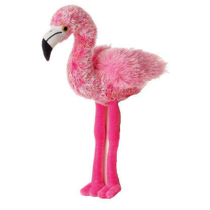 Angled side view of the 8-inch Aurora Mini Flopsie Flavia the Flamingo plush standing on its long pink legs.