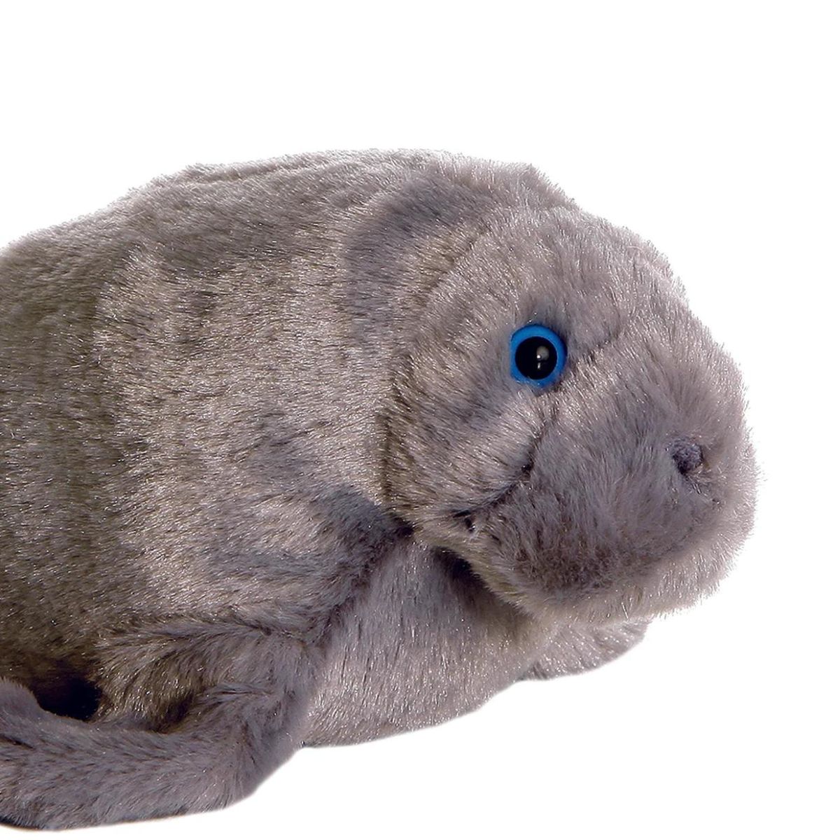 Close-up view of the manatee stuffed animal's face highlighting its sweet snout and striking bright blue eyes.