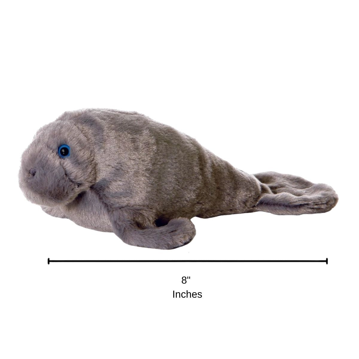 Side profile of the Manny the Manatee plush with a dimension line indicating its 8-inch length.