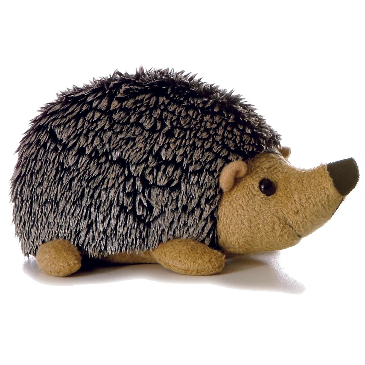 Side view of the Aurora Mini Flopsie Howie the Hedgehog 8-inch plush featuring textured grey quill fur and a tan muzzle.