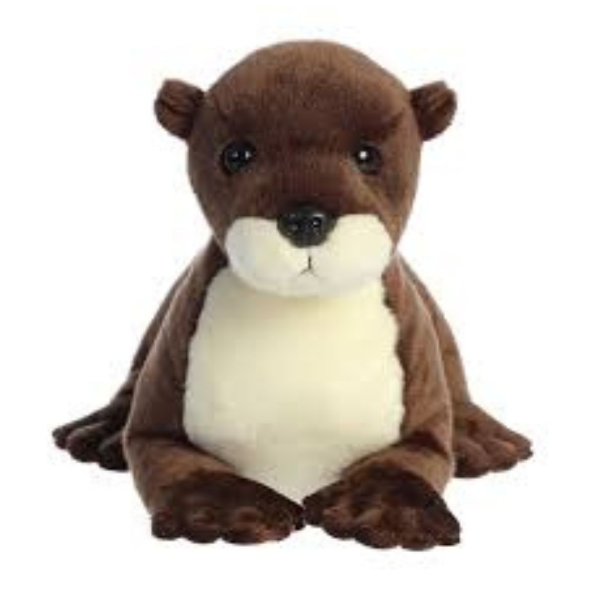 Direct front view of the soft brown and cream Mini Flopsie otter stuffed animal resting with its head up.