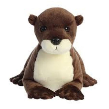 Direct front view of the soft brown and cream Mini Flopsie otter stuffed animal resting with its head up.
