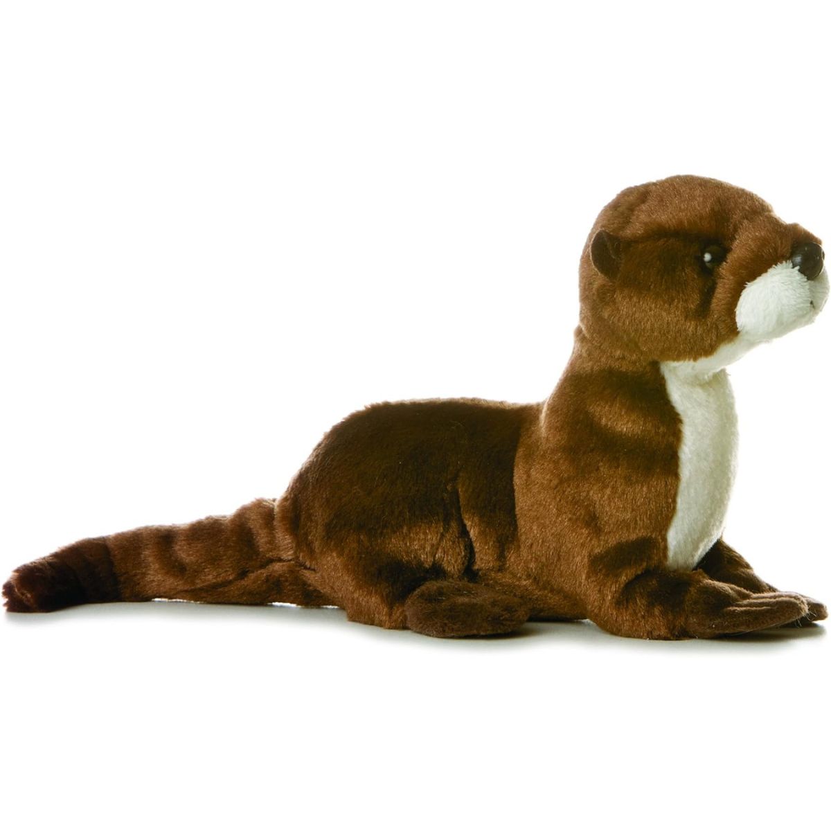 Angled side profile view of the 8-inch Aurora Mini Flopsie Sliddy the Otter plush lying on its belly.