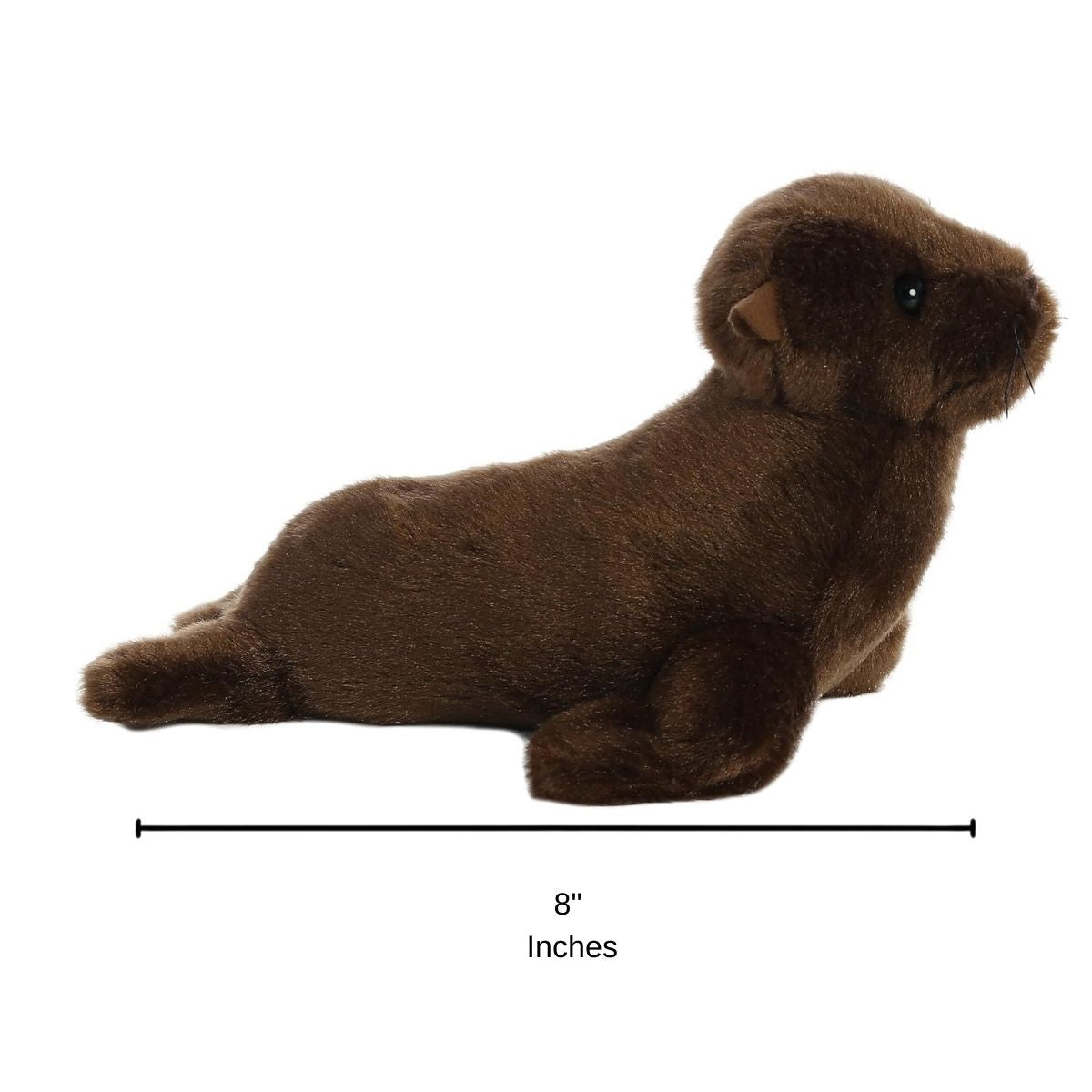 Side profile view of the California Sea Lion plush resting on its tummy with a measurement graphic indicating it is 8 inches long.