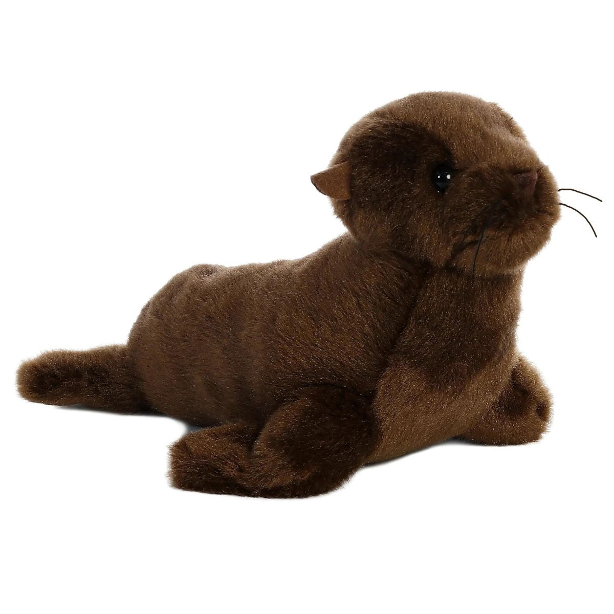Angled front view of the 8-inch Aurora Mini Flopsie California Sea Lion stuffed animal resting on its tummy, showing its brown fur and front flippers.
