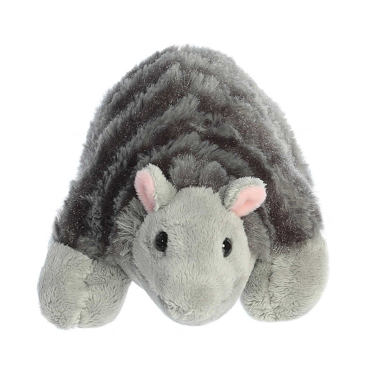 Straight-on front view of the armadillo stuffed animal highlighting its sweet grey face and soft rounded body.