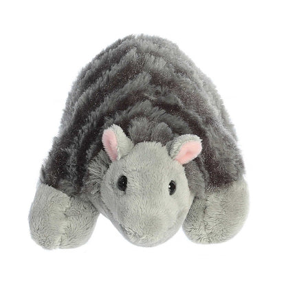 Straight-on front view of the armadillo stuffed animal highlighting its sweet grey face and soft rounded body.