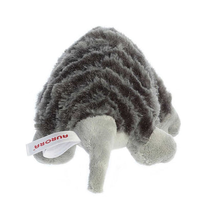 Rear view of the armadillo plush showing its textured back segments and soft tapered grey tail.