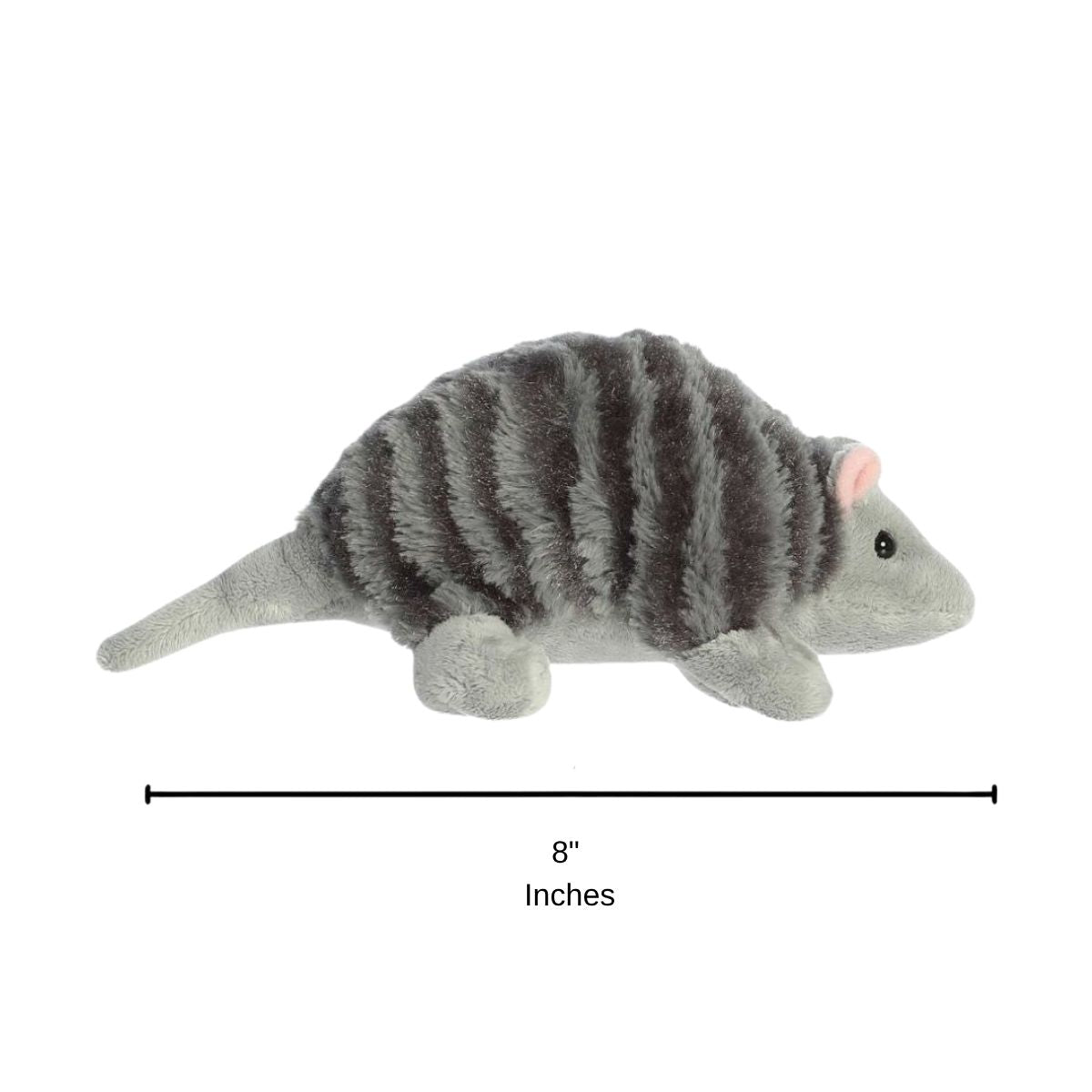 Side profile of the Armadillo plush with a dimension line indicating its 8-inch length.