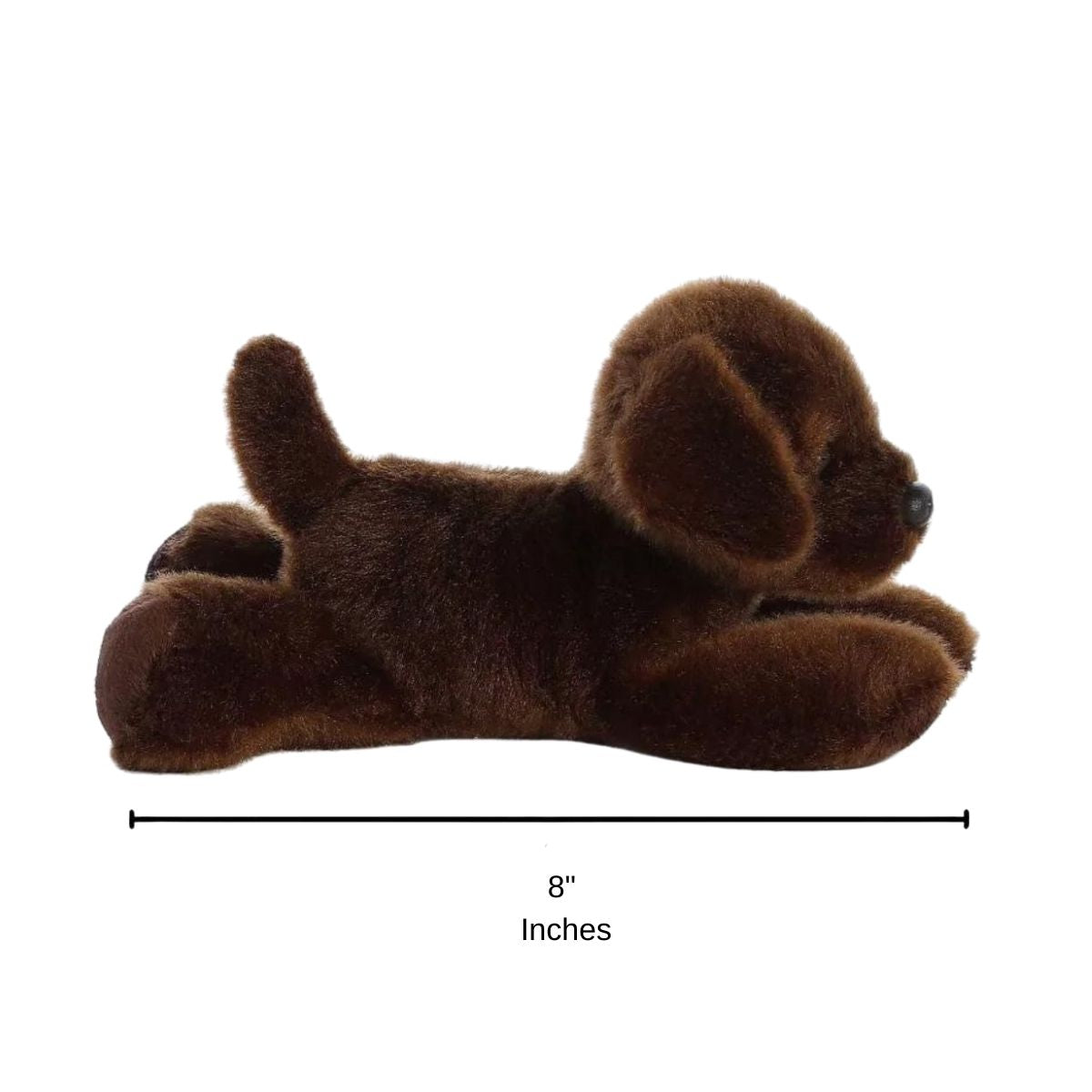 Side profile view of the Lil Lucky Chocolate Lab dog plush resting on its tummy with a measurement graphic indicating it is 8 inches long.
