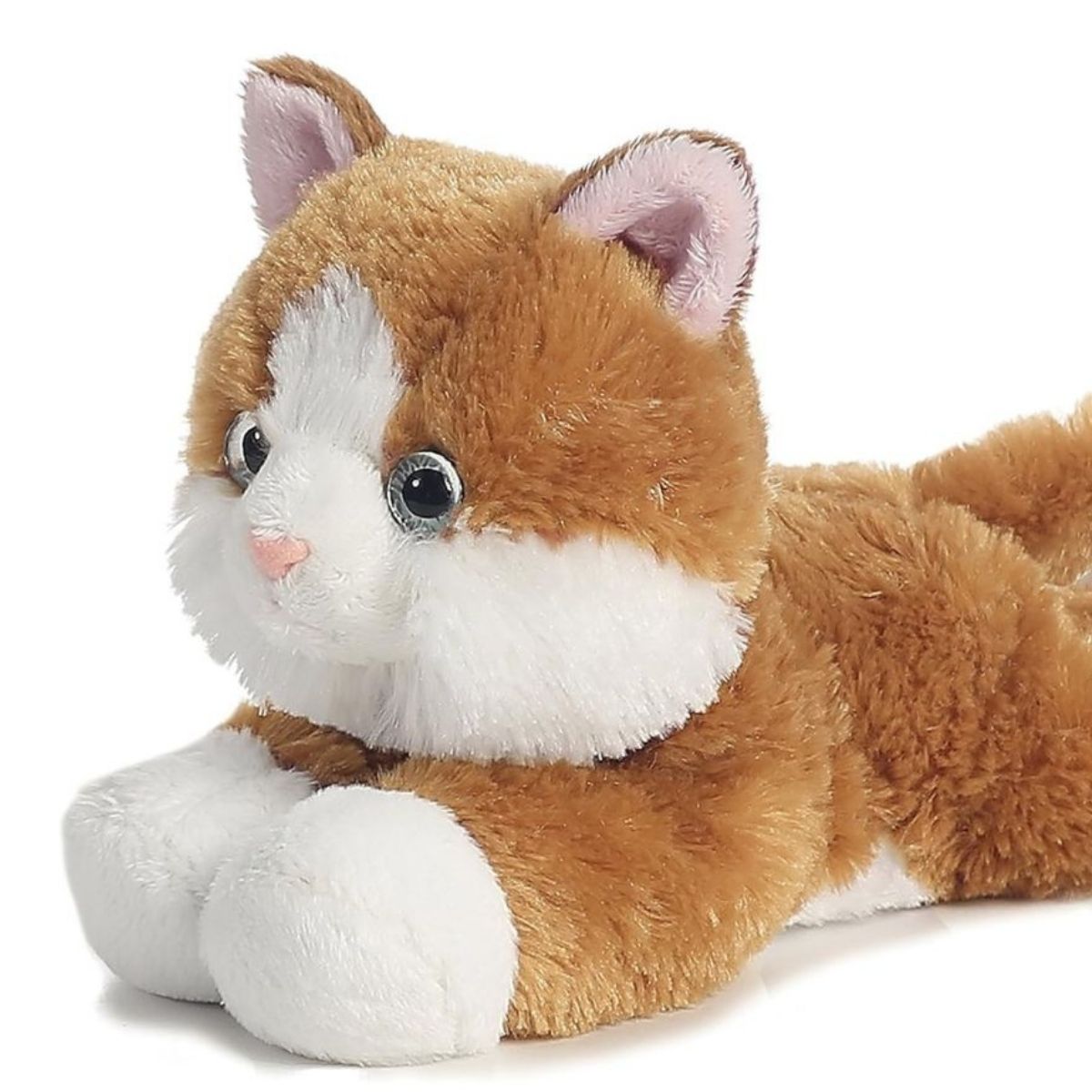 Close-up front view of the soft Sunshine Tabby cat plush showing its white muzzle, pink nose, and dark eyes.