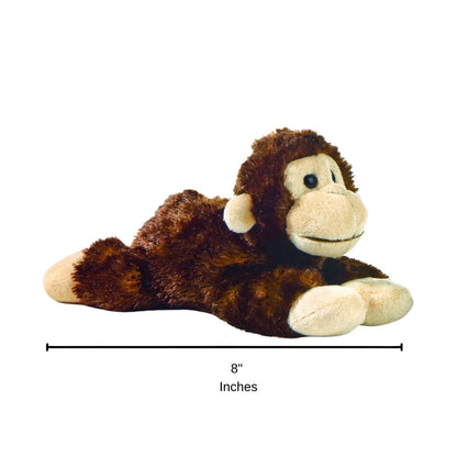 Full side profile of the resting brown monkey plush with a dimension line indicating its 8-inch length.