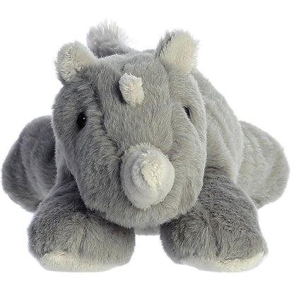 Straight front view of the grey rhinoceros plush toy highlighting its dark eyes, two white facial horns, and white ear accents.