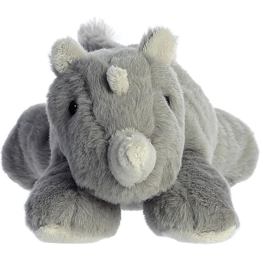 Straight front view of the grey rhinoceros plush toy highlighting its dark eyes, two white facial horns, and white ear accents.