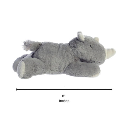 Side profile view of the Aurora Mini Flopsie rhinoceros plush with a dimension line indicating its 8-inch length.
