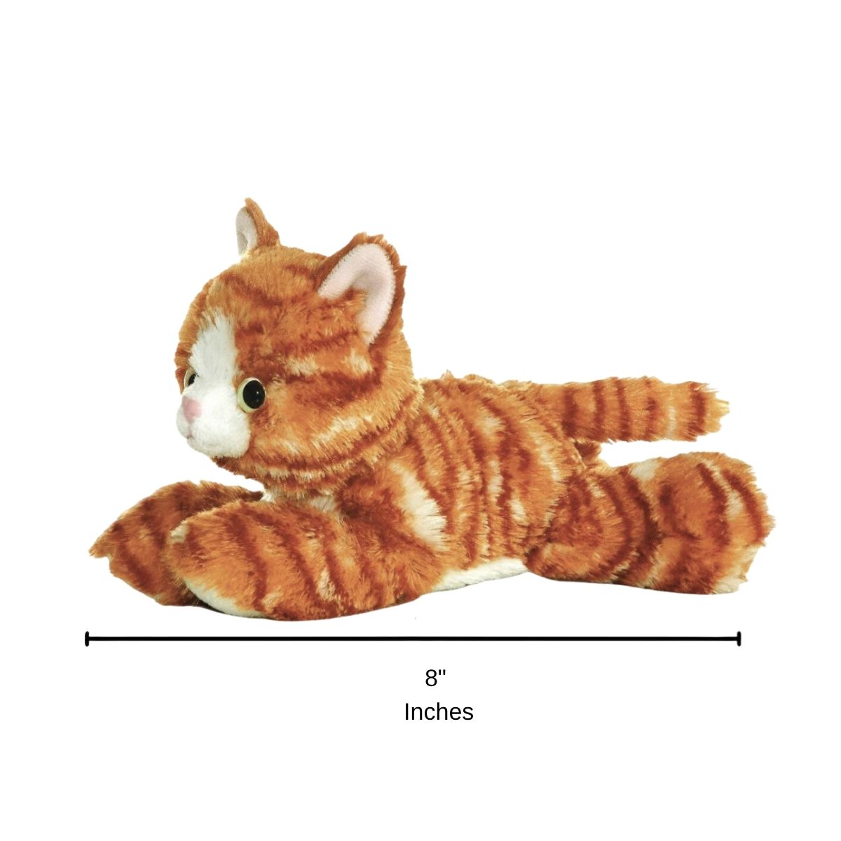 Full side profile of the resting orange and white kitten plush with a dimension line indicating its 8-inch length.