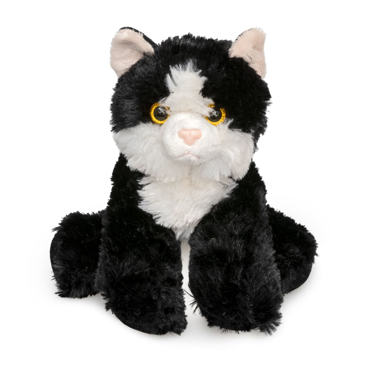 Straight-on front view of the Maynard tuxedo cat stuffed animal highlighting its bright yellow eyes and white chest.