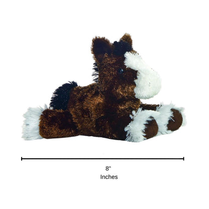 Full side profile of the resting brown draft horse plush with a dimension line indicating its 8-inch length.