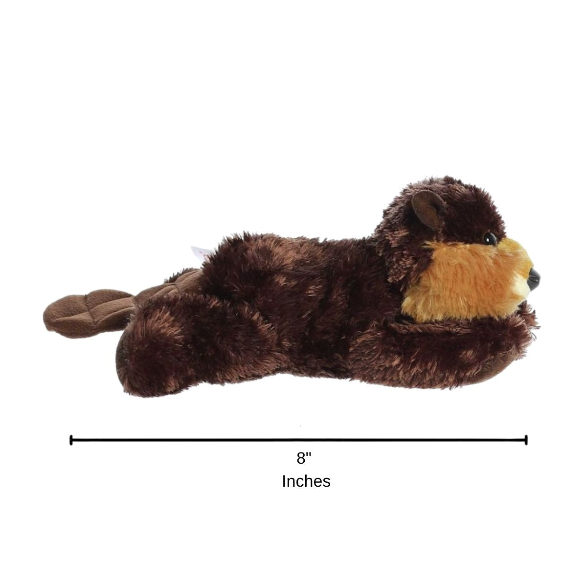 Full side profile of the Builder Beaver plush with a dimension line indicating its 8-inch length.
