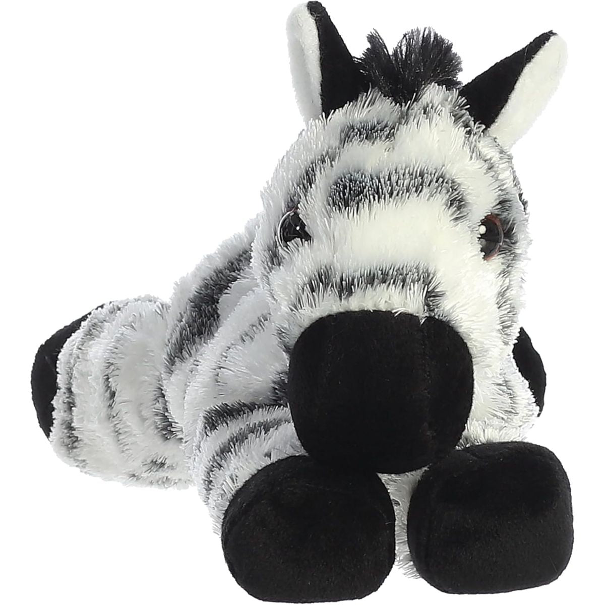 Direct front view of the soft black and white striped plush zebra showing its black snout and mane.