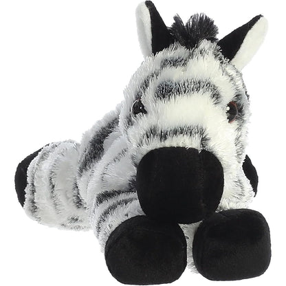 Direct front view of the soft black and white striped plush zebra showing its black snout and mane.