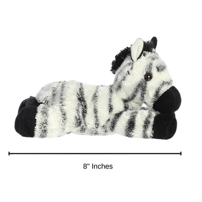 Dimension graphic showing the Aurora Mini Flopsie Zany the Zebra lying down with a measurement line indicating it is 8 inches long.