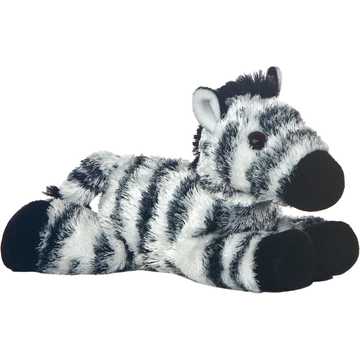 Angled side profile view of the 8-inch Aurora Mini Flopsie Zany the Zebra plush resting on its belly.