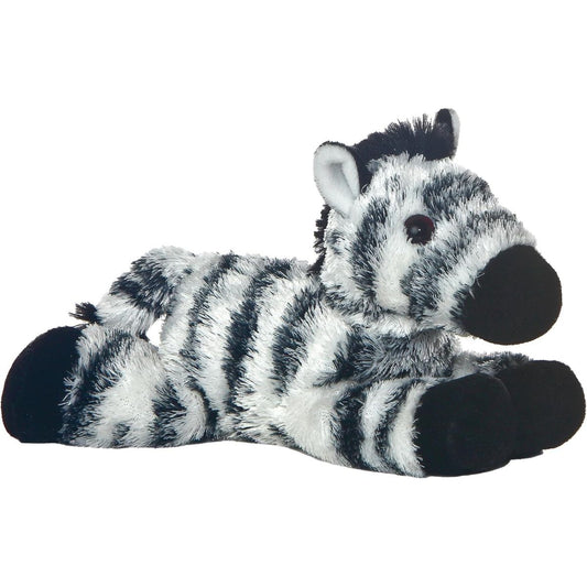 Angled side profile view of the 8-inch Aurora Mini Flopsie Zany the Zebra plush resting on its belly.