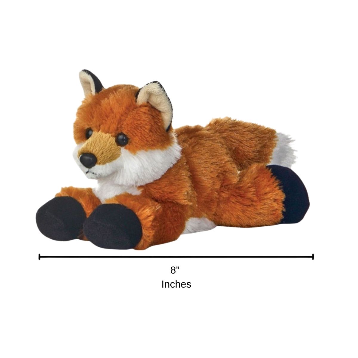 Side profile sizing graphic for the Aurora Mini Flopsie Foxxie the Fox plush resting on its belly, indicating a total length of 8 inches.