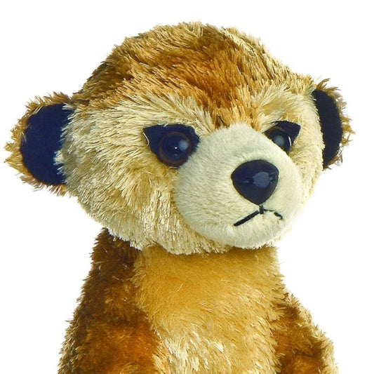Close-up front view of the adorable Aurora Meerkat stuffed animal featuring a light tan face, dark eye patches, and cute dark ears.