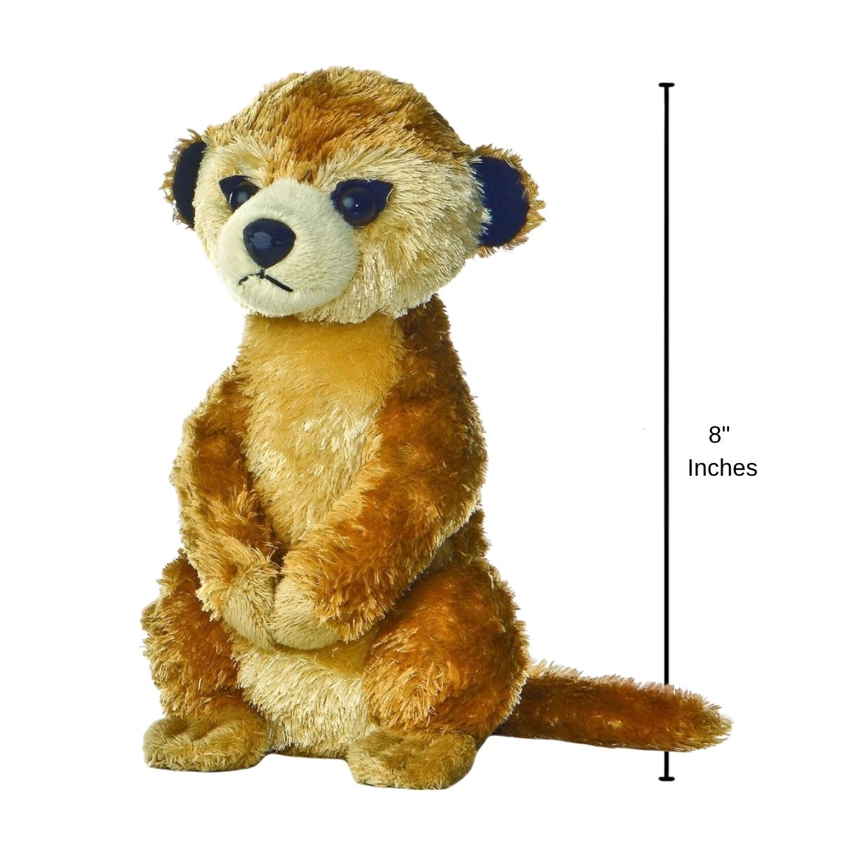 Sizing graphic for the Aurora Mini Flopsie Meerkat plush indicating a total height of 8 inches.