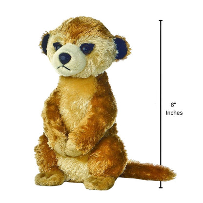 Sizing graphic for the Aurora Mini Flopsie Meerkat plush indicating a total height of 8 inches.